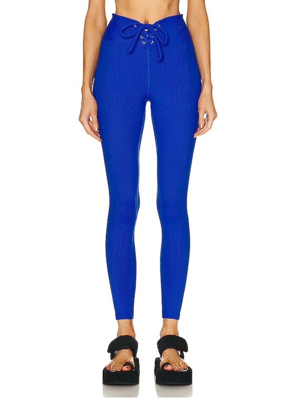 Year of Ours Lace-Up High-Waist Ribbed Leggings in Royal Blue
